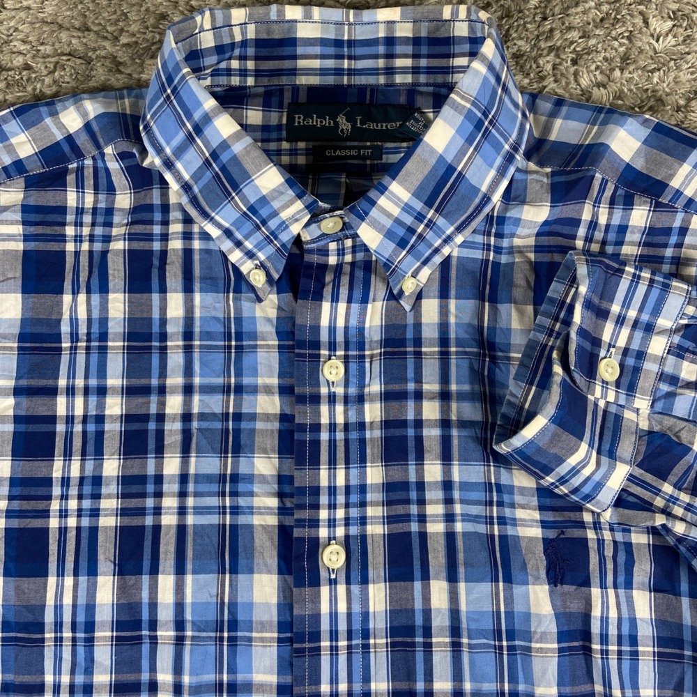 Ralph Lauren Classic Fit Mens XL Blue Plaid Long Sleeve Button Down Shirt Pony